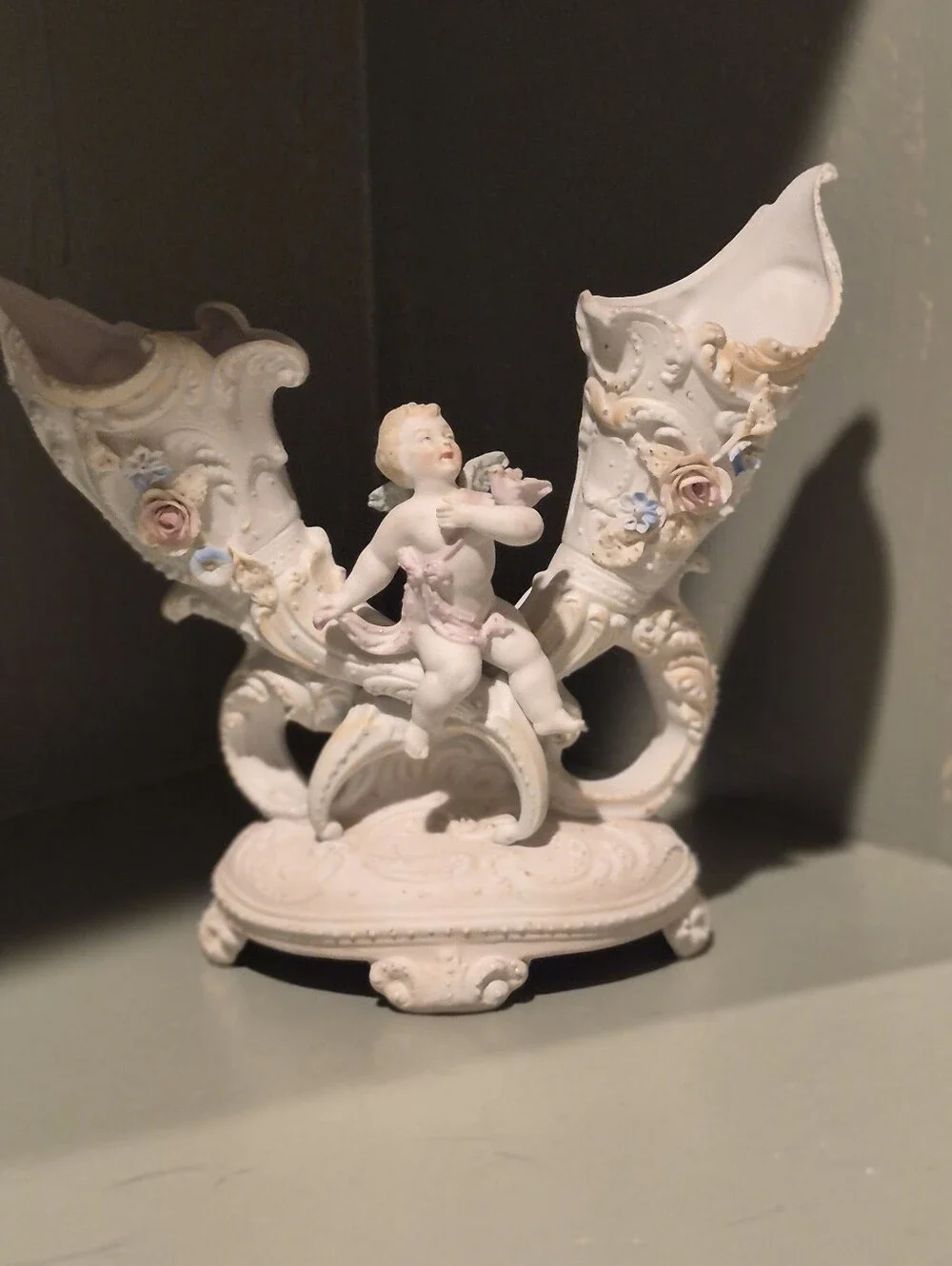 Antique German Bisque Porcelain Double Spill Vase Cherub Putti Flowers Mold 322